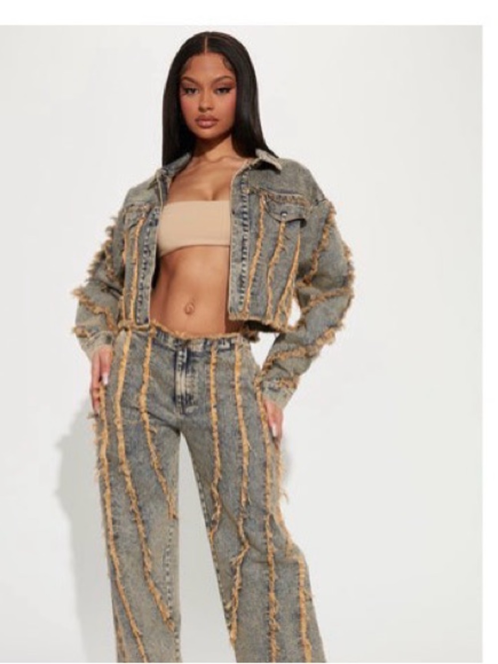 Fashion Nova Grey Straight-Leg Jeans with Tan Fringe Trim set